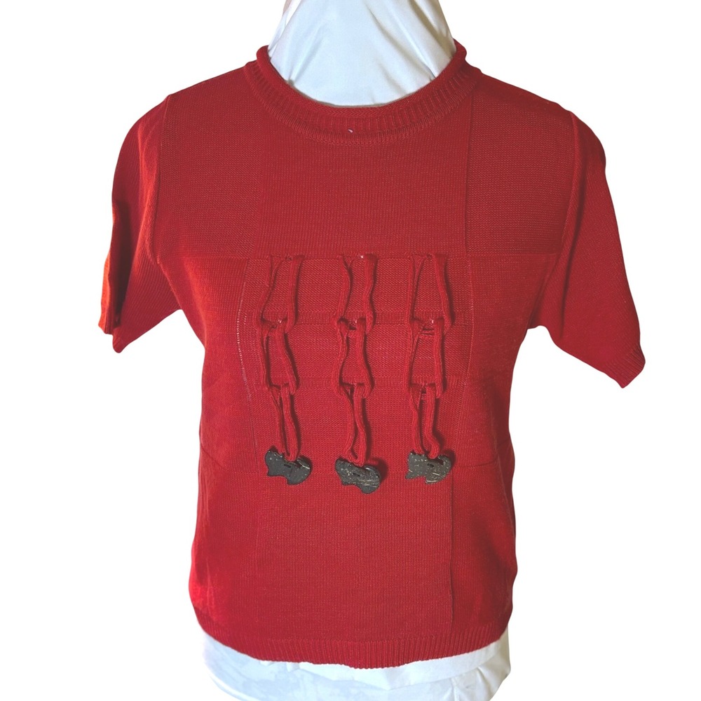 Y2K JAPAN Mimosalip Red Knit‎ Top Short Sleeve Kitty Cat Wooden Button SZ S